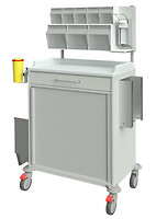 mit Spritzenabwurf, Müllbehälter, Desinfektionsmittelspender, Handschuhboxhalter, 3'er und 5'er Schütten, Arbeitsplatte aus Kunststoff, einer Schublade und ABS-Körben hinter einer Jalousie<br />