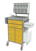 mit 2 großen und 6 kleinen Schubladen, 9 Schütten, Handschuhboxhalterungen, Desinfektionsmittelspender, Instrumentenabwurfbehälter und Müllbehälter