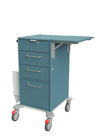 beim Öffnen der oberen, abschließbaren Klappe hebt sich das Notebook auf eine ergonomische Arbeitshöhe, weiterhin eine abklappbare Schreibplatte, drei Schubladen mit Zentralschloss und ein Müllbehälter