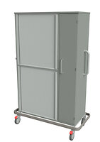 rechts: 2 Teleskopauszüge mit Katheterhaken, links 2x4 ABS-Körbe in 2 Etagen hinter Jalousien