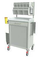 mit Spritzenabwurf, Müllbehälter, Desinfektionsmittelspender, Handschuhboxhalter, 3'er und 5'er Schütten, Arbeitsplatte aus Kunststoff, einer Schublade und ABS-Körben hinter einer Jalousie