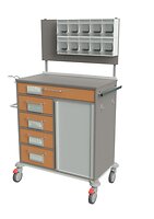 mit einer abschließbaren Schublade, 4 weiteren Schubladen, alle mit Beschriftungsschild, Trägerwänden für ABS-Module 300x400 hinter der Jalousie, Desinfektionsmittelspender und 2x 5'er Schütten