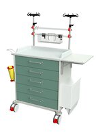 grosse Ansicht: 2 Infusionsständer, Utensilienkorb, Handschuhboxhalter, Spritzenabwurf, Desinfektionsmittelspender, Müllbehälter, 5 Schubladen
