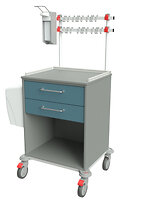 Wagen für Infusionen mit 2 Müllbehältern, 2 Geräteschienen, Desinfektionsmittelspender, 2 Schubladen und einem offenen Fach