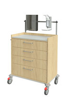 in Holzdekor mit 4 Schubladen, Desinfektionsmittelspender, Handschuhboxhalter und grauer, hochfester Arbeitsplatte<br />