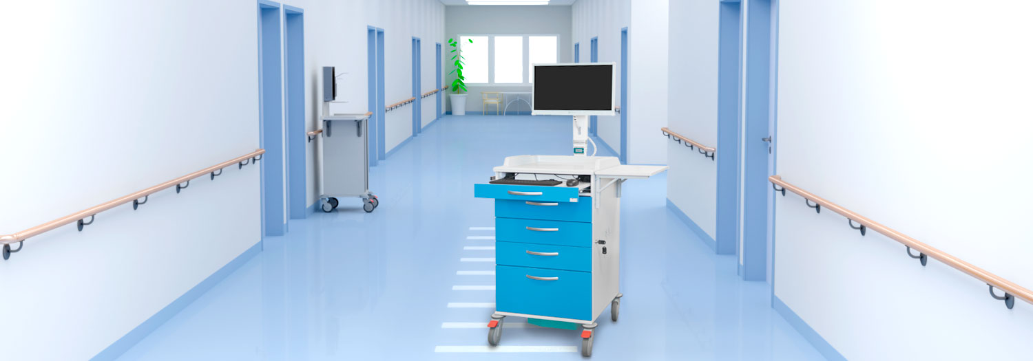 Header Krankenhausflur auf dem ein Hinz-Wagen mit Lean-Technik steht.