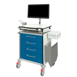 mlift ERGO 16820 mit All-in-One PC, Maus-/Tastaturauszug, 4 Schubladen, links 2 Geräteschienen mit Desinfektionsspender, Müllbehälter, Instrumentenabwurf