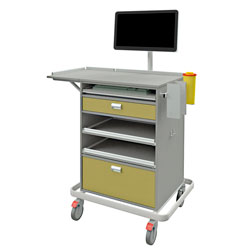 grosse Ansicht: IT-Pflegewagen 13572 mit AiO-PC, Tastatur-/Mausauszug, 2 Schubladen, 2 offene ausziehbare Fächer, abklappbare Schreibplatte, Geräteschiene mit Handschuhboxhalterung, Spritzenabwurf, Haken, Stoßschutz