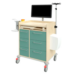 grosse Ansicht: IT-Pflegewagen 15804 mit AiO-PC, Tastatur-/Mausauszug, 6 Schubladen, Geräteschiene mit Spritzenabwurfbehälter, Desinfektionsspender, Wally Müllbehälter, Infusionsständer