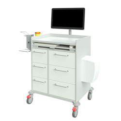 grosse Ansicht: IT-Pflegewagen 15833 mit AiO-PC, Tastatur-/Mausauszug, 6 Schubladen, Desinfektionsspender, Spritzenabwurfbehälter, Wally Müllbehälter