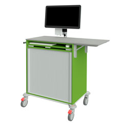 grosse Ansicht: IT-Pflegewagen 15872 mit AiO-PC mit Akku-Holster, Tastatur-/Mausauszug, Jalousie, links Geräteschiene, rechts abklappbare Schreibplatte