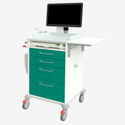 grosse Ansicht: IT-Pflegewagen 15882 mit AiO-PC, Akku-Holster, Tastatur-/Mausauszug, 4 Schubladen, Geräteschiene, Spritzenabwurfhalter mit Bajonettverschluss, Wally Müllbehälter, abklappbare Schreibplatte, 2 Haken