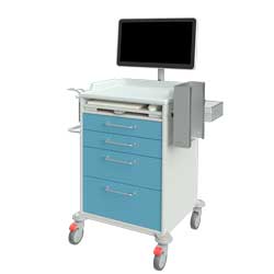 grosse Ansicht: IT-Pflegewagen 17193 mit AiO-PC, Tastatur-/Mausauszug, 4 Schubladen, Desinfektionsspender, Handschuhboxhalterung, Korb