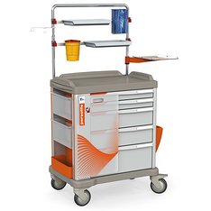 PERSOLIFE 600 large - frontales Reanimationsbrett mit einem Schloss gesichert, mit 2 kleinen und 3 großen Schubladen, links ausziehbarer Arbeitsplatte, 2 Klappfächer, Müllbehälter, Überbau mit Infusionsständer, Defibrillatorplatte, Handschuhboxhalterung, Spritzenabwurf, 2 Ablageflächen