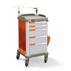 Persolife 400 compact – mit Mülleimer, mit 2 kleinen und 3 großen Schubladen, seitlichem Reanimationsbrett, Infusionsständer und Defibrillatorablage, Müllbehälter