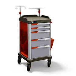 Persolife 400 compact – mit Mülleimer mit 2 kleinen und 3 großen Schubladen, seitlichem Reanimationsbrett, Infusionsständer und Defibrillatorablage, Müllbehälter