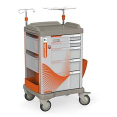 Persolife 400 medium – frontales abschließbares Reanimationsbrett, mit 2 kleinen und 3 großen Schubladen, links ausziehbare Arbeitsplatte, 2 abkippbare Fächer, Müllbehälter, Infusionsständer und Defibrillatorablage