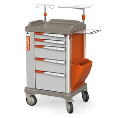 Persolife 400 medium – ausziehbares Reanimationsbrett mit 2 kleinen und 3 großen Schubladen, Müllbehälter, Infusionsständer, Defibrillatorablage