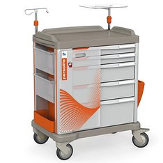PERSOLIFE 600 large - frontales Reanimationsbrett mit einem Schloss gesichert, 2 kleine und 3 große Schubladen, links ausziehbare Arbeitsplatte, 2 abkippbare Fächer, Müllbehälter, Infusionsständer, Defibrillatorplatte