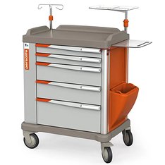 PERSOLIFE 600 large – Reanimationsbrett seitlich ausziehbar mit 2 kleinen und 3 großen Schubladen, Müllbehälter, Infusionsständer, Defibrillatorplatte