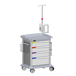 grosse Ansicht: PRECISO Infusionswagen Nr. 9 mit 4 Schubladen, Infusionständer, Handschuhboxhalterung und Desinfektionsspender, 1 Geräteschiene mit einem Korb