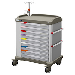 PRESTO large Infusionsständer mit 9 Schubladen, 2 Geräteschienen rechts, 3 Abkippboxen links