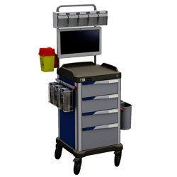 PRESTO small komplett mit 4 Schubladen, seitliche Geräteschiene mit 3 Handschuhboxen, Schütten, Monitor, doppelter Abfallbehälter, Spritzenabwurf