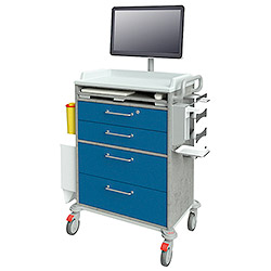 IT-Pflegewagen 14652 mit 4 Schubladen, Spritzenabwurf, Müllbehälter, Bildschirm, Tastaturauszug, Desinfektionsmittelspender, Handschuhboxen und Schiebegriff
