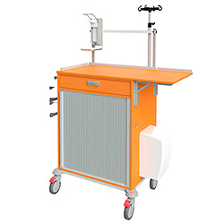Multifunktionswagen 16409 mit breiter Schublade, abschließbarer Jalousie, Schreibplatte, Müllbehälter, Spritzenabwurf, Desinfektionsmittelspender, Infusionsständer und Handschuhbox