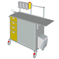 Pflegewagen / Behandlungswagen 12301 1m breit mit 4 schmalen Schubladen, Jalousie, Schreibplatte und Müllbehälter