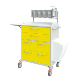 Pflegewagen 16355 mit 6 Schubladen, 4 Handschuhboxen, Desinfektionsmittelspender, Müllbehälter und abklappbarer Schreibplatte