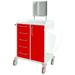 Pflegewagen 17072 ist unterteilt in 5 Schubladen und 1 Tür, 1 Handschuhboxen, Geräteschiene, Wally Müllbehälter