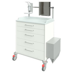 Pflegewagen 17305 mit 5 Schubladen, Geräteschine mit 1 Handschuhboxe und Desinfektionsmittelspender, Müllbehälter
