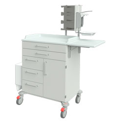 Pflegewagen 17381 mit 2 breiten und 3 schmalen Schubladen, sowie 1 Tür, Müllbehälter, abklappbare Arbeitsplatte, 3 Handschuboxhalterungen und Desinfektionsspender