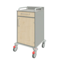 Pflegewagen 17421 mit einer kleinen Schublade, einer Schranktür und 2 Schiebegriffen auf der Arbeitsplatte 
