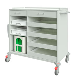 Service- und Geschirrwagen 13055 mit 2 geschlossenen und 6 offenen Schubladen, Fach für Getränkekiste, Wally Müllbehälter, Schiebegriff