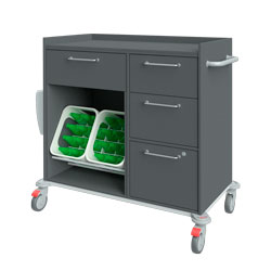 Service- und Geschirrwagen 17310 mit 4 Schubladen davon eine abschließbar, freies Fach für Getränkekisten, Wally Müllbehälter, Schiebegriff