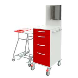 grosse Ansicht: Pflegewagen 17156 1 großen, 2 mittlere und 1 kleine Schublade, hochgezogene Rückwand, Handschuhboxhalterung, Schiebegriff an der Seite, links 2-fach Wäschesammler