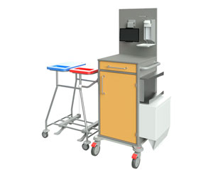 Pflege- und Wäschewagen K16087 mit Tablethalterung, Desinfektionsspender, Doppel-Wäschesammler, Schiebegriff, Handschuhboxhalterung, Müllbehälter
