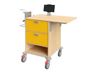 Pflegewagen K16259 mit Tablethalterung, 2 große Schubladen, 1 offenes Fach, Geräteschiene mit Desinfektionsspender, abklappbare Schreibplatte