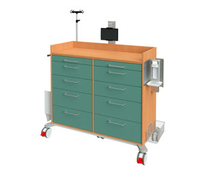 Funktionswagen K16270 mit Tablethalterung, Infusionsständer, 10 Schubladen, Geräteschiene, Müllbehälter, Desinfektionsspender, Haken mit Korb