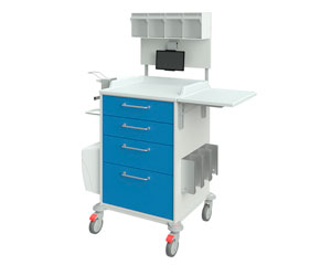 Funktionswagen K16503 mit 4er-Schütte, Tablethalterung, 5 Schubladen, Geräteschiene mit Desinfektionsspender, Wally Müllbehälter, abklappbare Schreibplatte, Handschuhboxhalterung