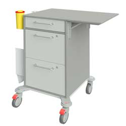 Visitenwagen 14694 mit abklappbarer Arbeitsfläche, 1 kleine und 2 großen abschließbaren Schubladen, Müllbehälter, Spritzenabwurf und Desinfektionsspender