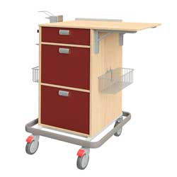 Visitenwagen 15669 mit abklappbarer Arbeitsfläche, 1 kleine und 2 großen Schubladen, an den Seiten jeweils 1 Korb, Geräteschiene mit Desinfektionsspender, Abweisrahmen als Kollisionsschutz