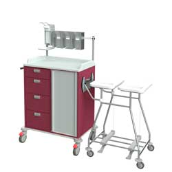 Wäschewagen 16045 mit 4 schmale Schubladen und Jalousie, links Gerätestange, links Andockstation mit Doppel-Wäschesammler mit Tretmechanismus, 3 HAndschuhboxhalterungen und Desinfektionsspender