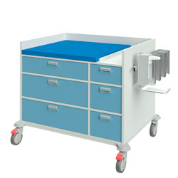 Wickelwagen 16074 mit Wickelauflage, 3 große und 3 kleine Schubladen, rechts Desinfektionsspender und 3 Handschuhboxhalterungen