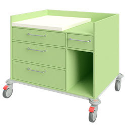 Wickelwagen 16074 mit Wickelauflage mit Auflage, 3 große Schubladen untereinander, 1 kleine Schublade und einem großen offenem Fach