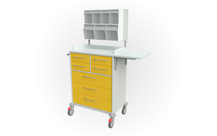Endoskopiewagen mit 3 breiten und 4 schmalen Schubladen, 3'er und 4'er Schütten an der Rückwand