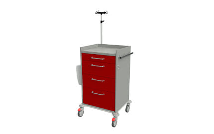 Notfallwagen, abschließbar, mit 4 Schubladen und Infusionsständer