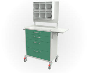 Pflegewagen mit 4 Schubladen, 6 Schütten und abklappbarer Schreibplatte